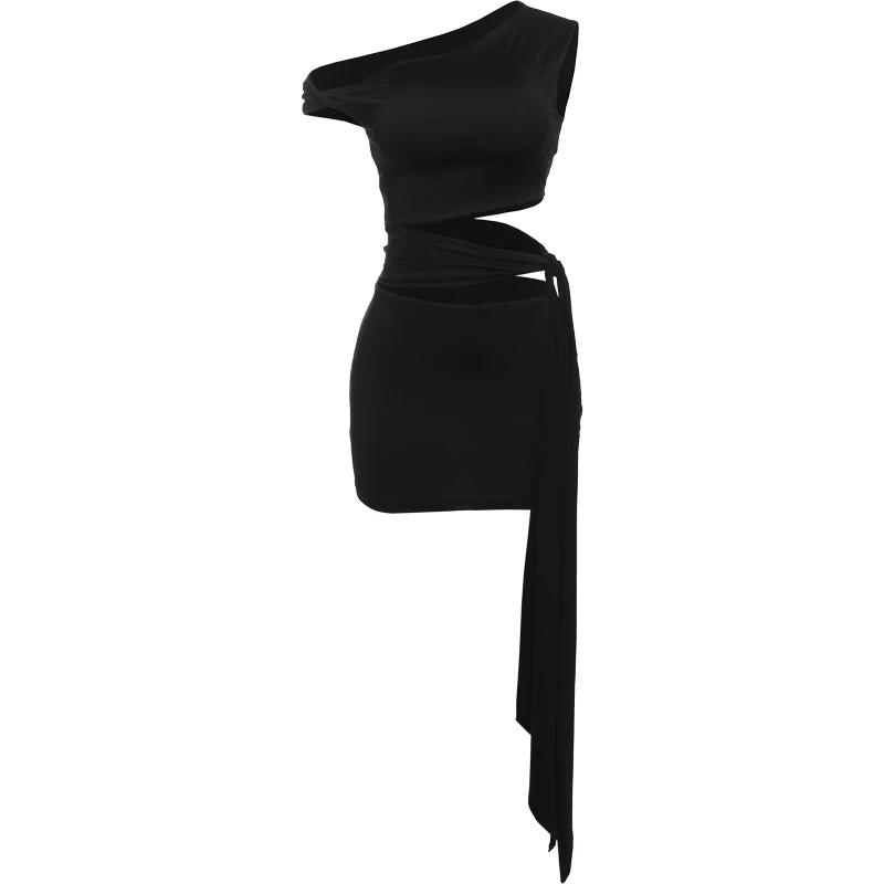 Weird Puss Sexy Hollow Dress Women Irregular Diagonal Collar Waistless Midnight Hottie Club Party Trend Coquettish Mini Bodycon