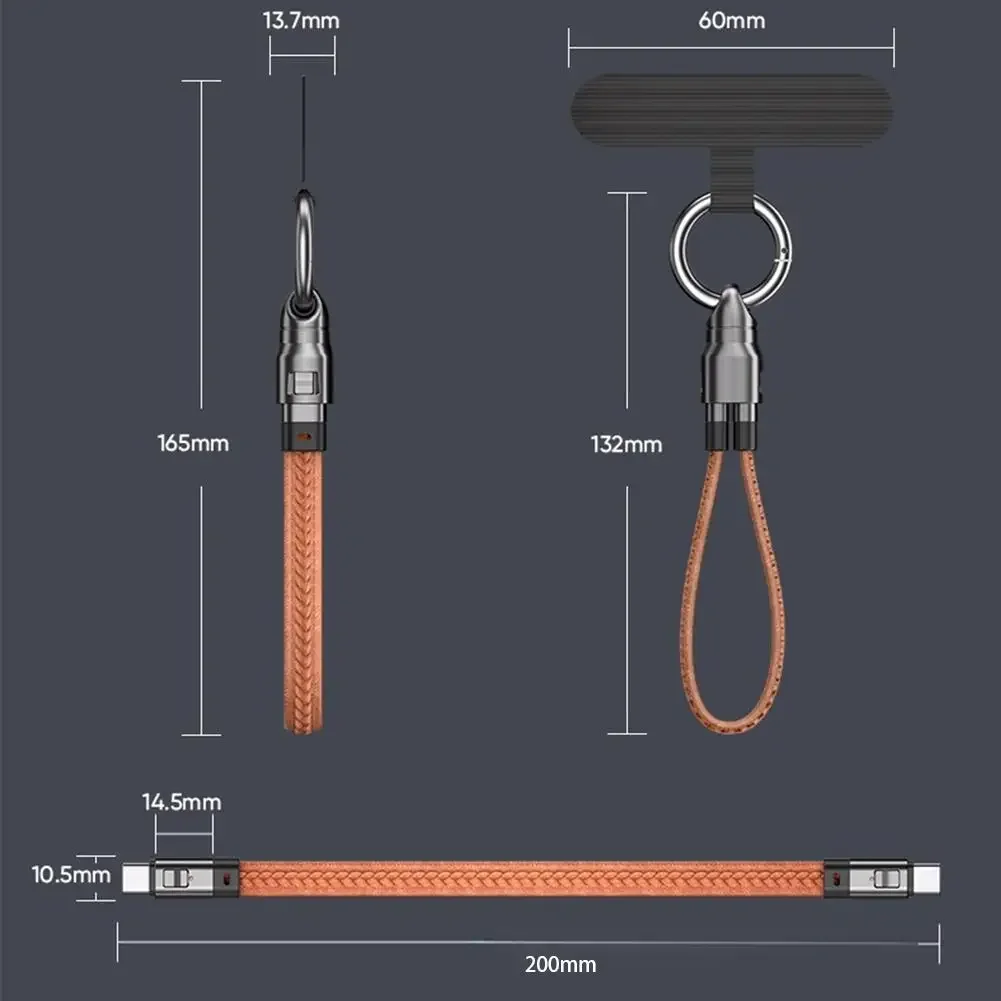 PD 240W Fast Charging Cord Portable Keychain USB C Cable Smooth Leather Lanyard Phone Charm for Travel iPhone Samsung Laptop