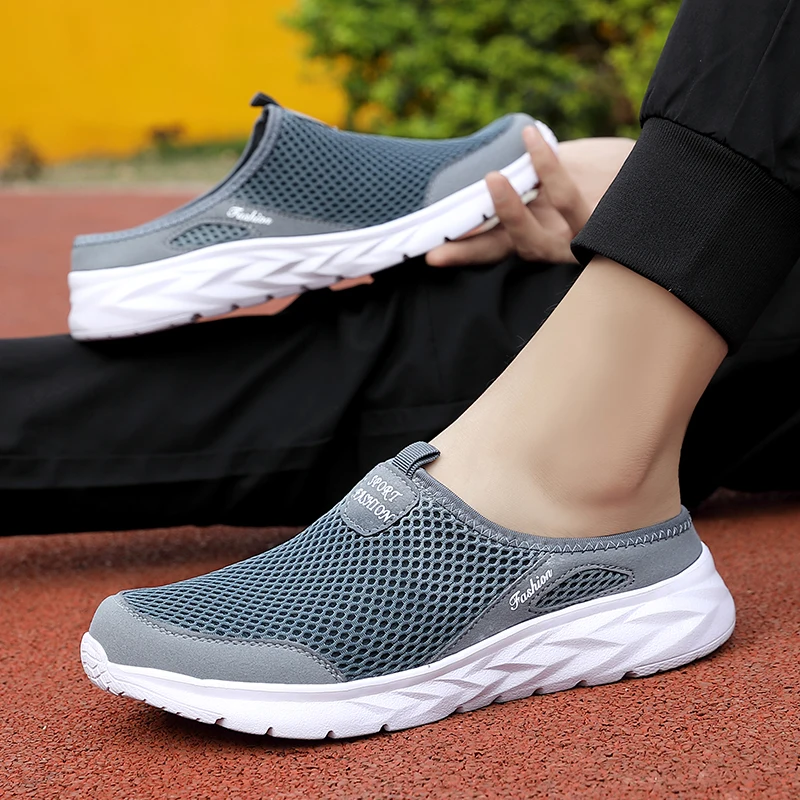 Mens Half Slippers Summer Breathable Mesh Mens Shoes Outdoor Casual Walking Driving Shoes Large Flat Light Mesh Slippers Sandals
