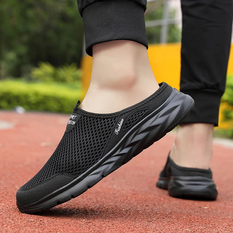 Mens Half Slippers Summer Breathable Mesh Mens Shoes Outdoor Casual Walking Driving Shoes Large Flat Light Mesh Slippers Sandals