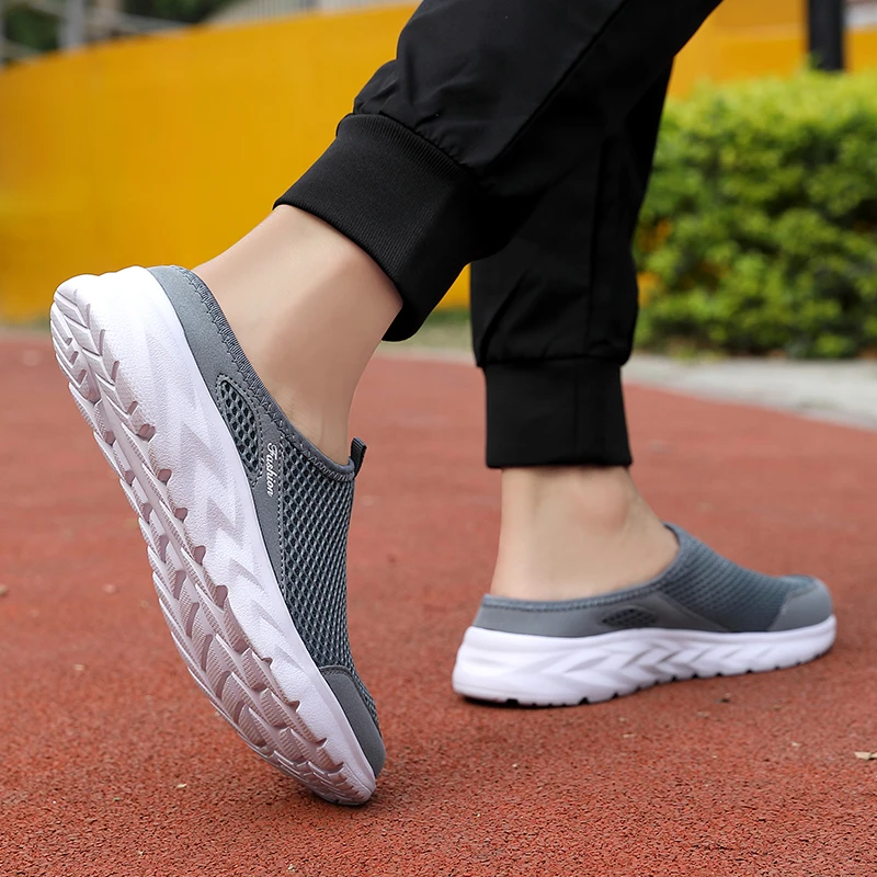 Mens Half Slippers Summer Breathable Mesh Mens Shoes Outdoor Casual Walking Driving Shoes Large Flat Light Mesh Slippers Sandals
