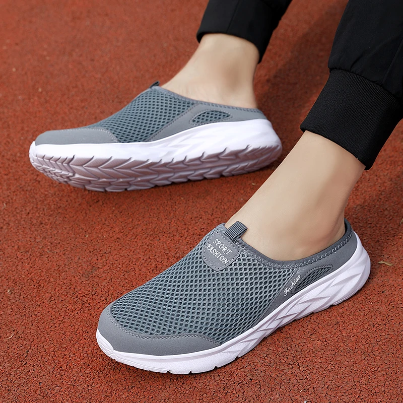 Mens Half Slippers Summer Breathable Mesh Mens Shoes Outdoor Casual Walking Driving Shoes Large Flat Light Mesh Slippers Sandals