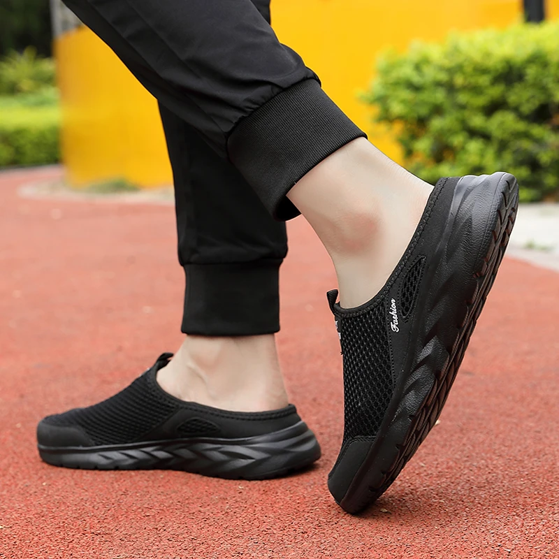 Mens Half Slippers Summer Breathable Mesh Mens Shoes Outdoor Casual Walking Driving Shoes Large Flat Light Mesh Slippers Sandals