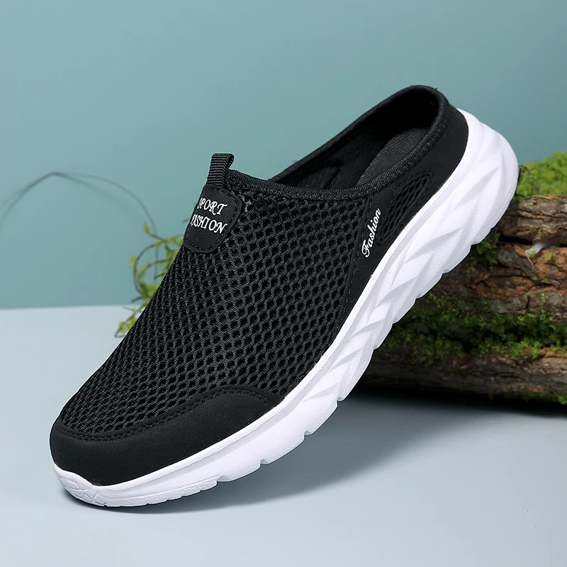Mens Half Slippers Summer Breathable Mesh Mens Shoes Outdoor Casual Walking Driving Shoes Large Flat Light Mesh Slippers Sandals