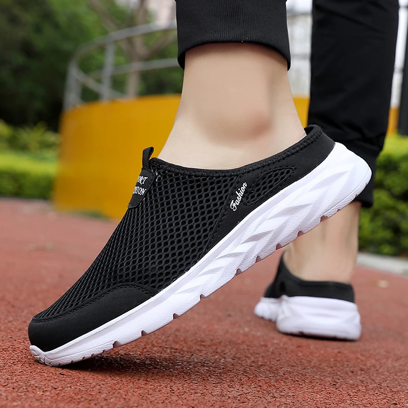 Mens Half Slippers Summer Breathable Mesh Mens Shoes Outdoor Casual Walking Driving Shoes Large Flat Light Mesh Slippers Sandals