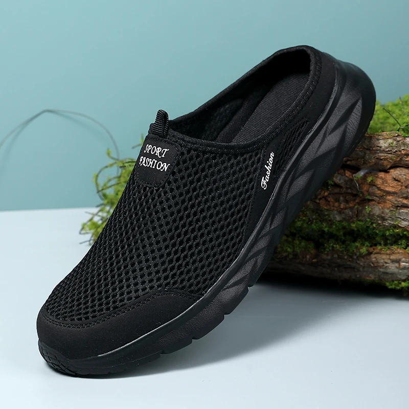 Mens Half Slippers Summer Breathable Mesh Mens Shoes Outdoor Casual Walking Driving Shoes Large Flat Light Mesh Slippers Sandals