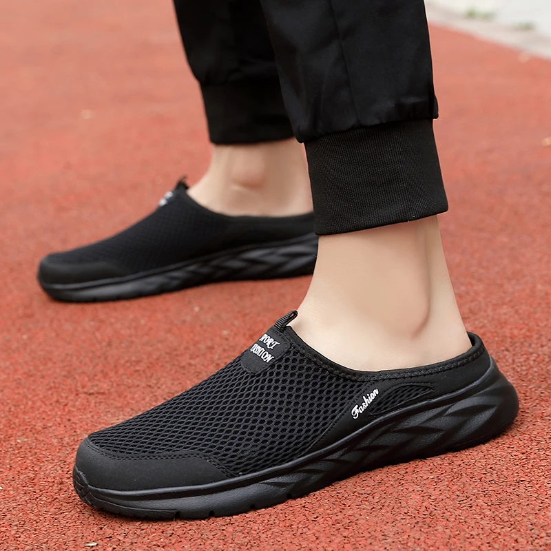 Mens Half Slippers Summer Breathable Mesh Mens Shoes Outdoor Casual Walking Driving Shoes Large Flat Light Mesh Slippers Sandals