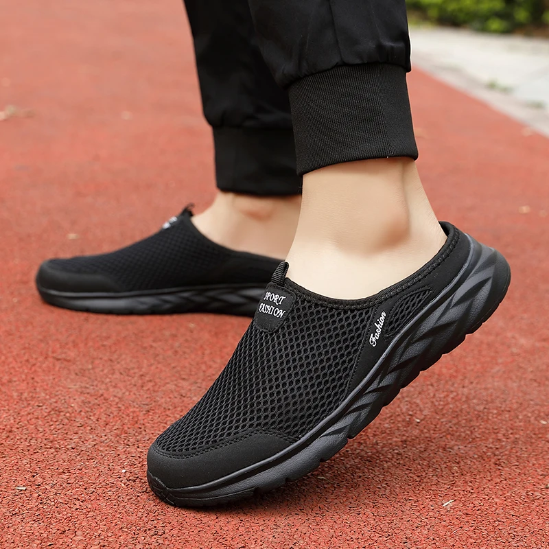 Mens Half Slippers Summer Breathable Mesh Mens Shoes Outdoor Casual Walking Driving Shoes Large Flat Light Mesh Slippers Sandals