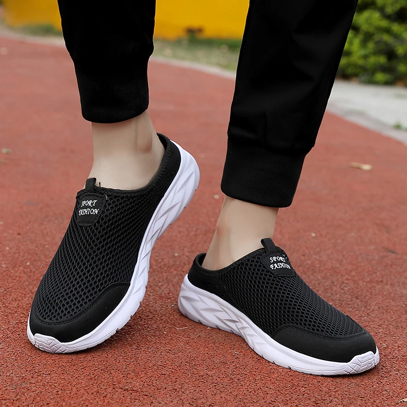 Mens Half Slippers Summer Breathable Mesh Mens Shoes Outdoor Casual Walking Driving Shoes Large Flat Light Mesh Slippers Sandals