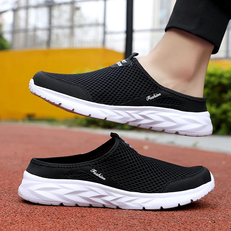 Mens Half Slippers Summer Breathable Mesh Mens Shoes Outdoor Casual Walking Driving Shoes Large Flat Light Mesh Slippers Sandals