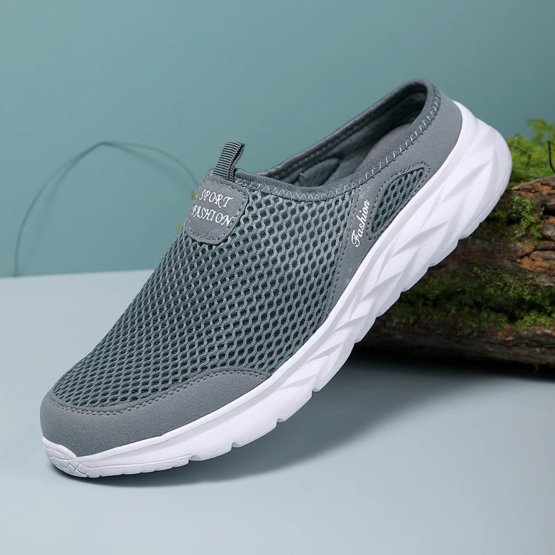 Mens Half Slippers Summer Breathable Mesh Mens Shoes Outdoor Casual Walking Driving Shoes Large Flat Light Mesh Slippers Sandals