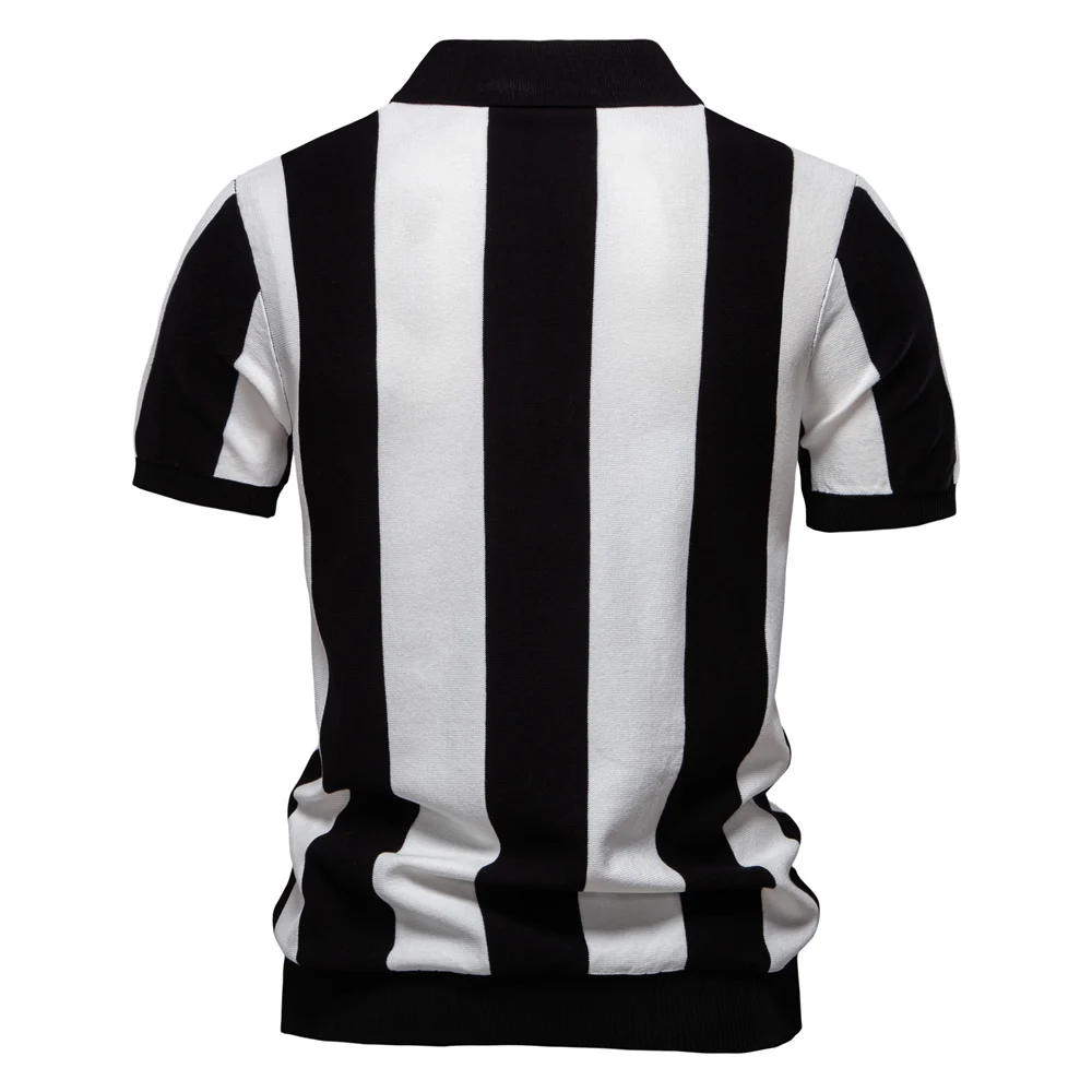 AIOPESON 2025 New Summer Men's Breathable Striped Contrast Panel Polo Shirt - Casual Short Sleeve Knit Shirt with Comfort Fit