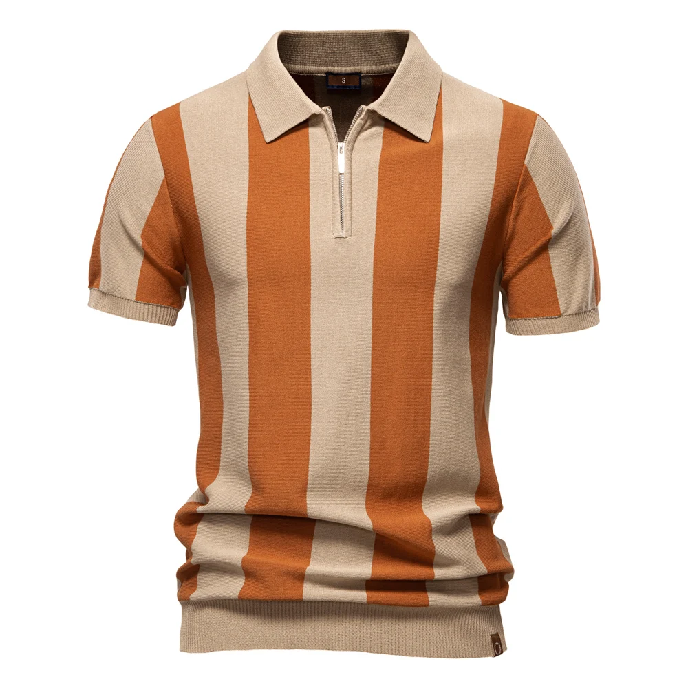 AIOPESON 2025 New Summer Men's Breathable Striped Contrast Panel Polo Shirt - Casual Short Sleeve Knit Shirt with Comfort Fit