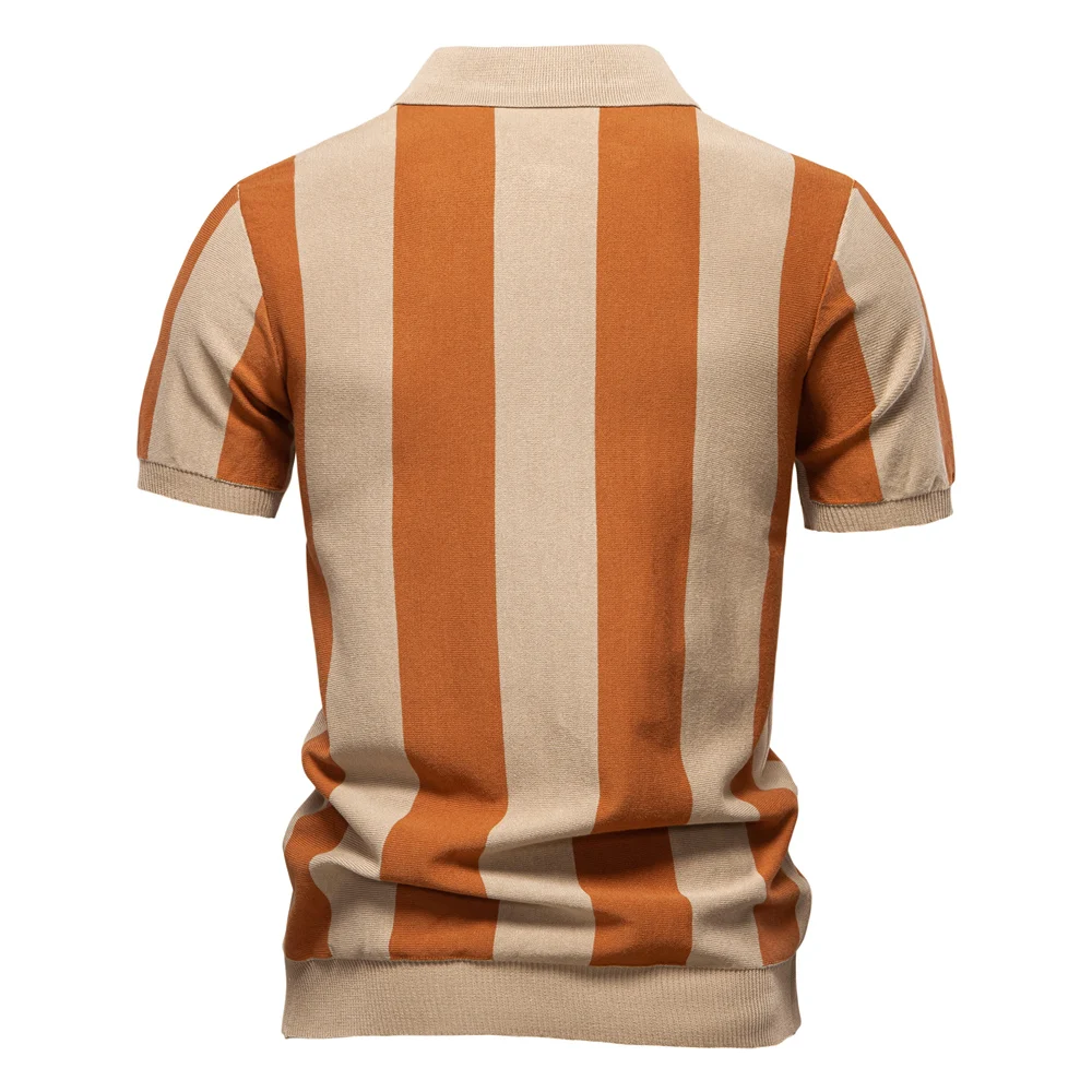 AIOPESON 2025 New Summer Men's Breathable Striped Contrast Panel Polo Shirt - Casual Short Sleeve Knit Shirt with Comfort Fit