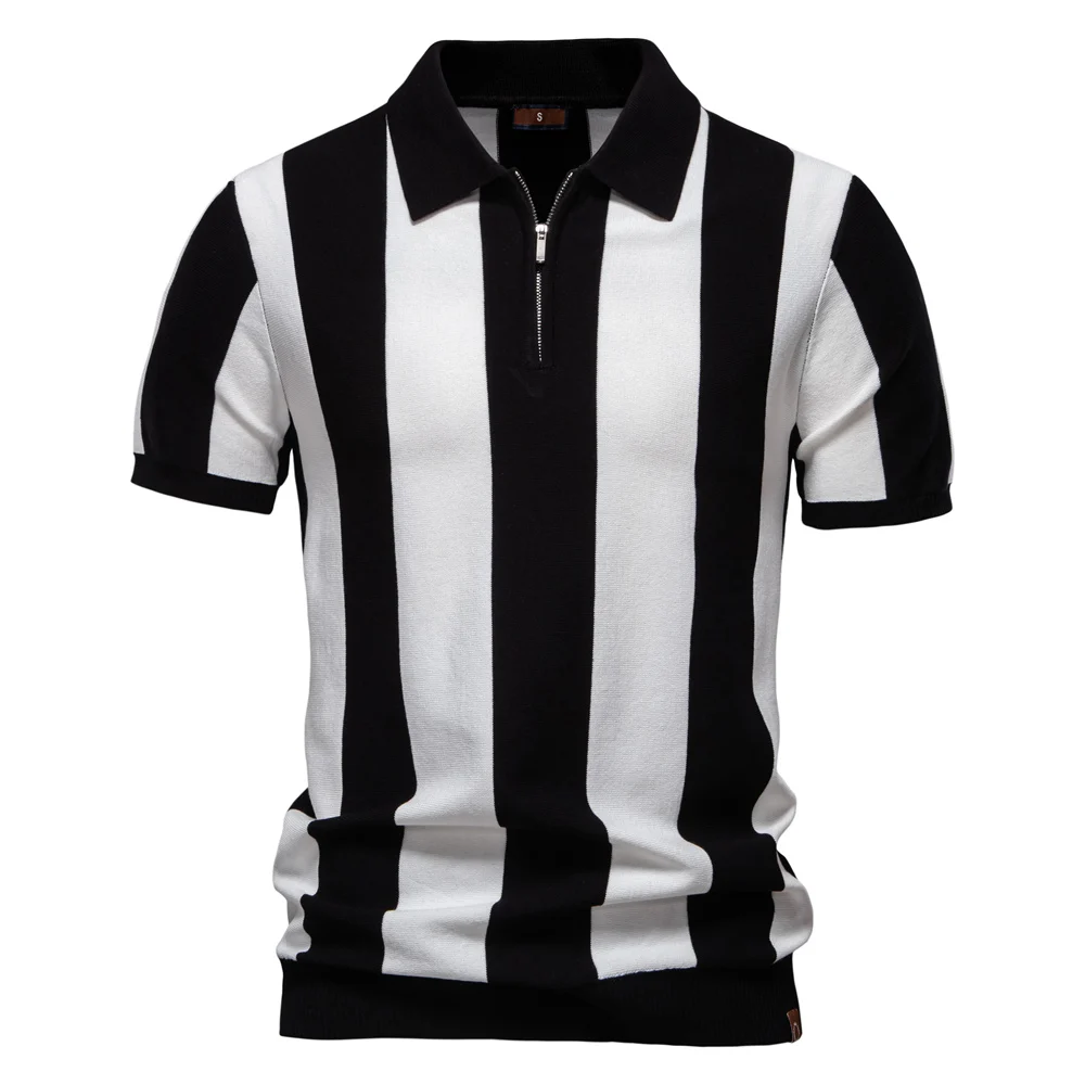 AIOPESON 2025 New Summer Men's Breathable Striped Contrast Panel Polo Shirt - Casual Short Sleeve Knit Shirt with Comfort Fit
