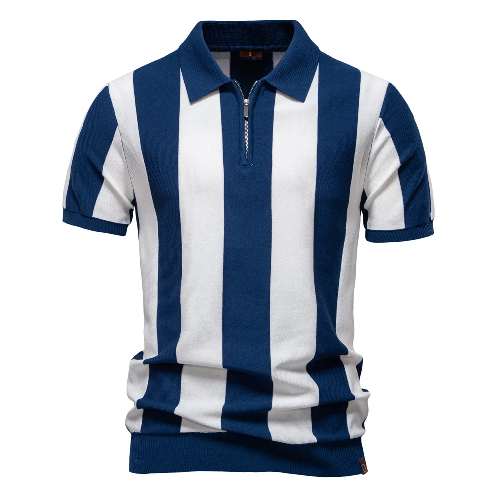 AIOPESON 2025 New Summer Men's Breathable Striped Contrast Panel Polo Shirt - Casual Short Sleeve Knit Shirt with Comfort Fit