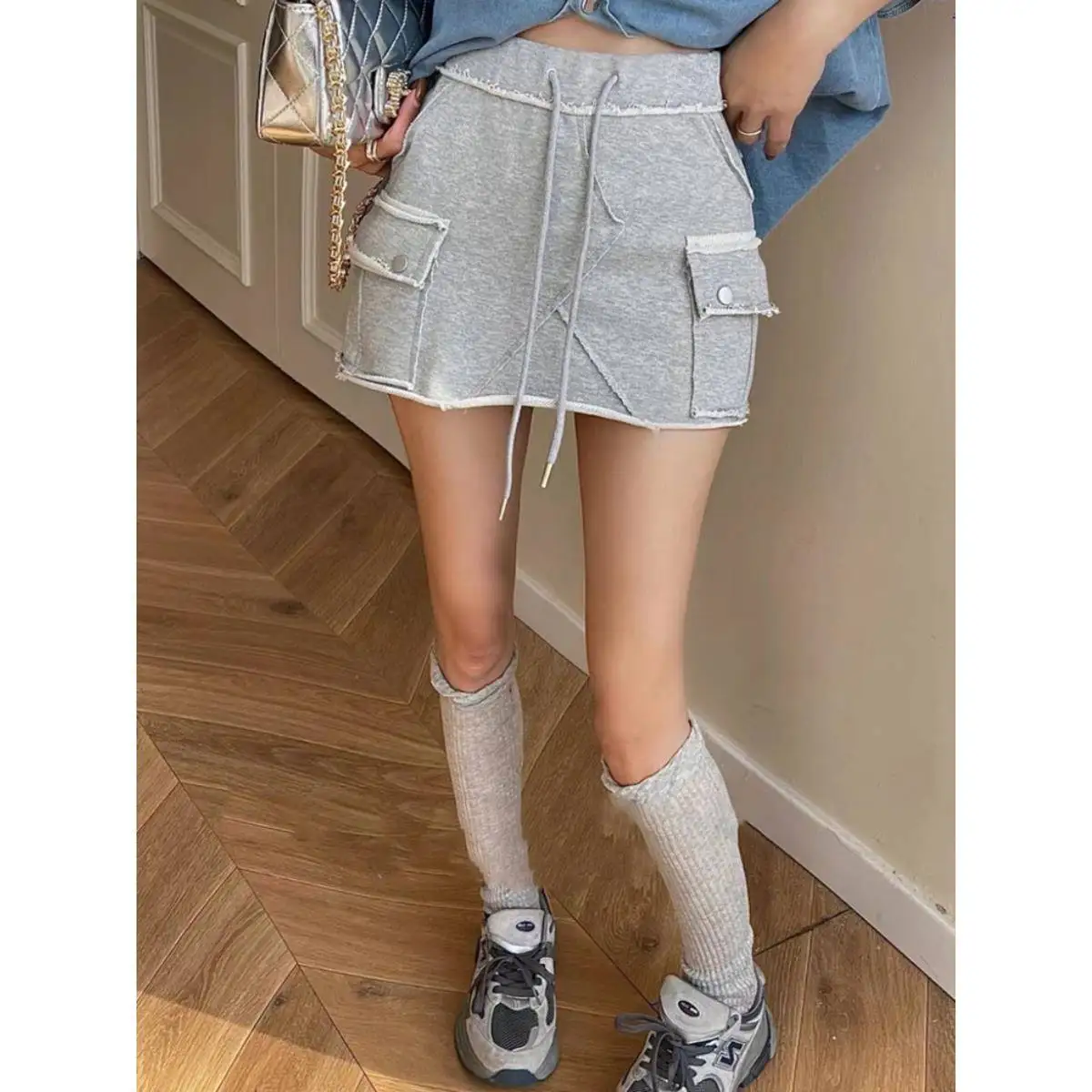 Gyaru Skirt Cute Cargo Mini Skirt Soft Terry Pockets Side Short Skirt for Women Teen-girl Spring Summer Y2K Acubi Outfit