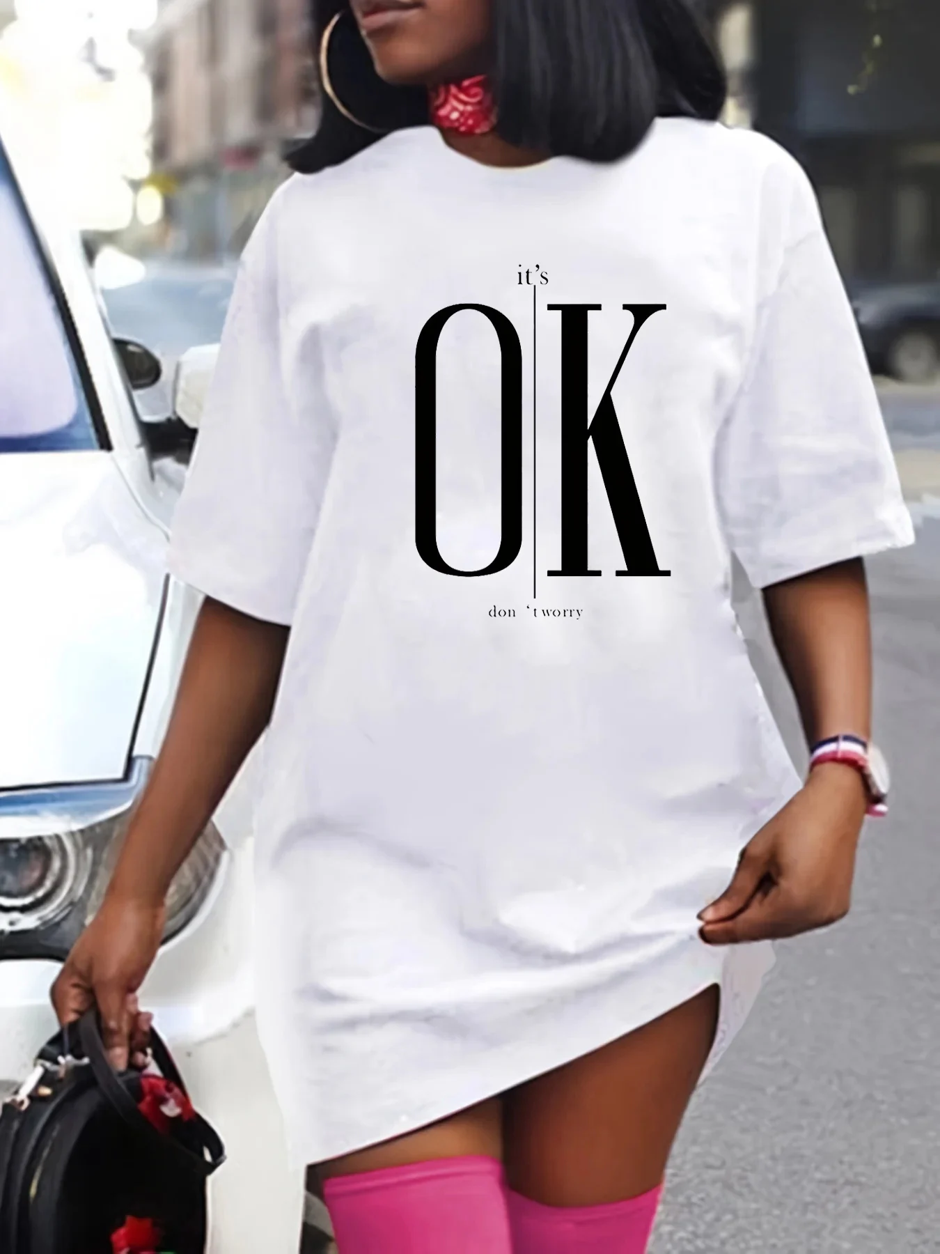 Women's Summer Casual It's OK Don't Worry Lip Print Loose Size Round Neck Short Sleeved T-Shirt Dress