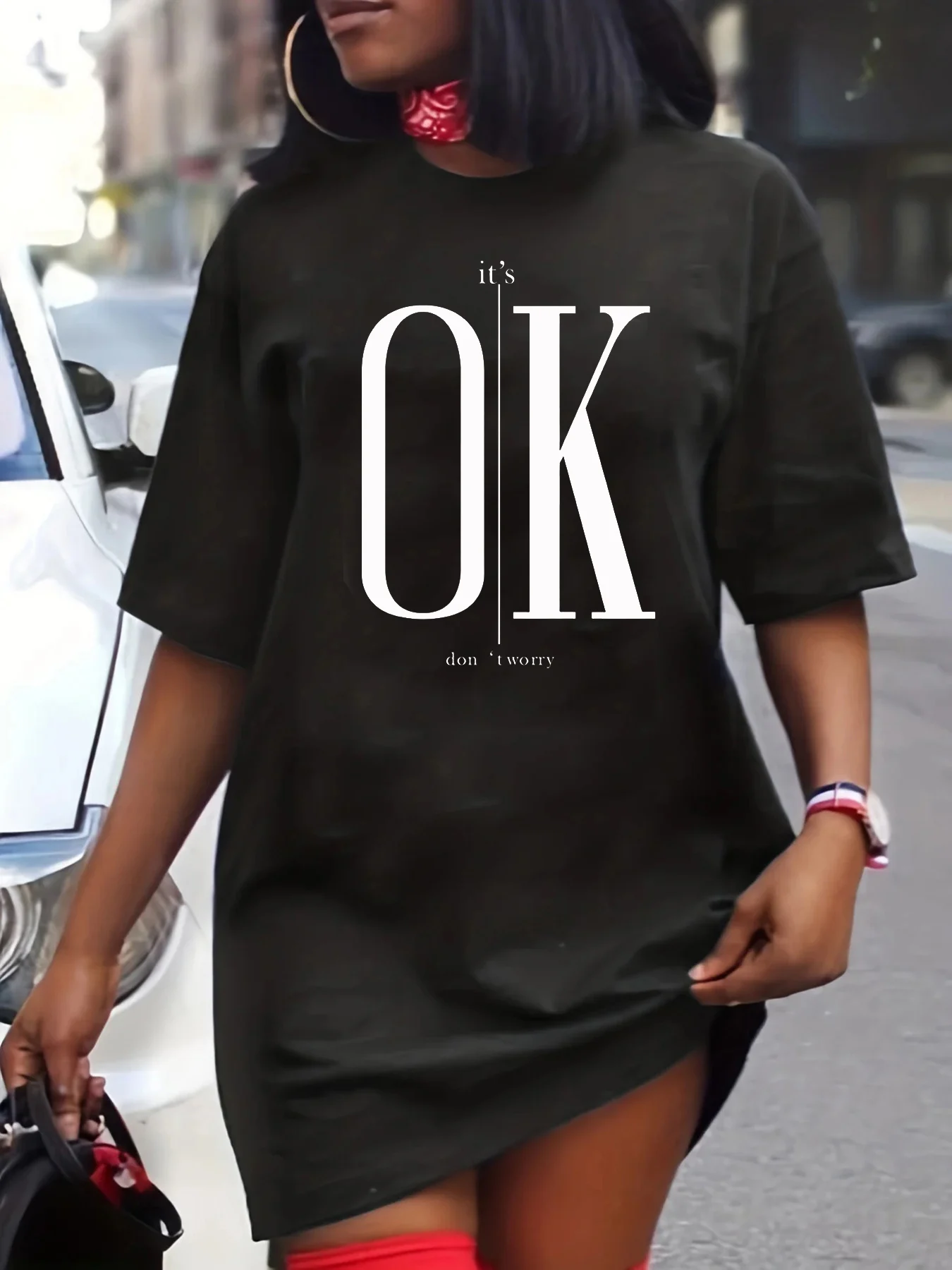 Women's Summer Casual It's OK Don't Worry Lip Print Loose Size Round Neck Short Sleeved T-Shirt Dress