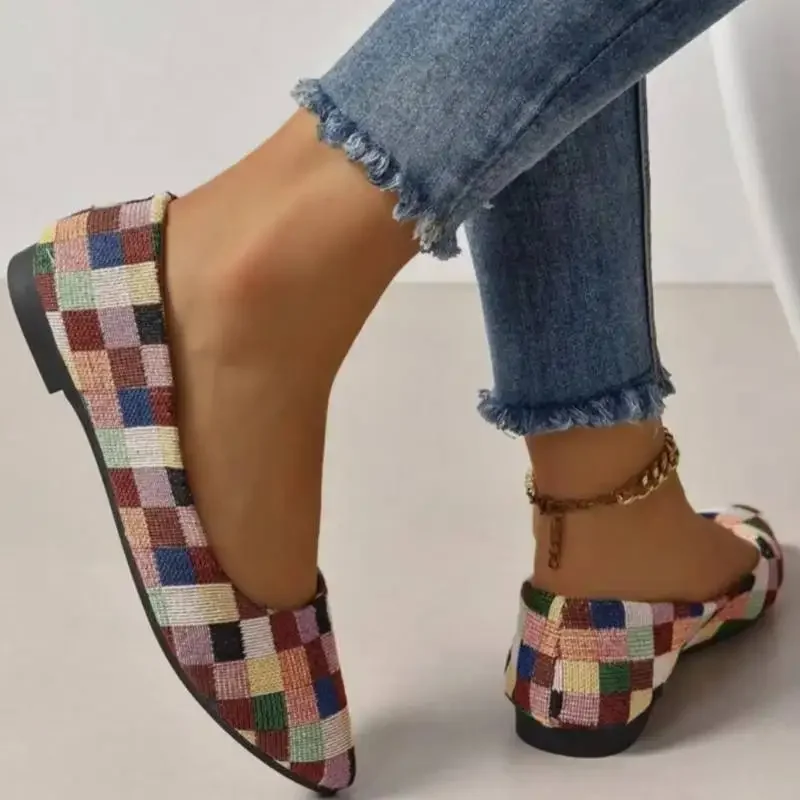 Women's Canvas Ballet Shoes Flat Breathable Colorblock Plaid Slip-on Loafers for 2024 Fashionable and Comfortable Footwear
