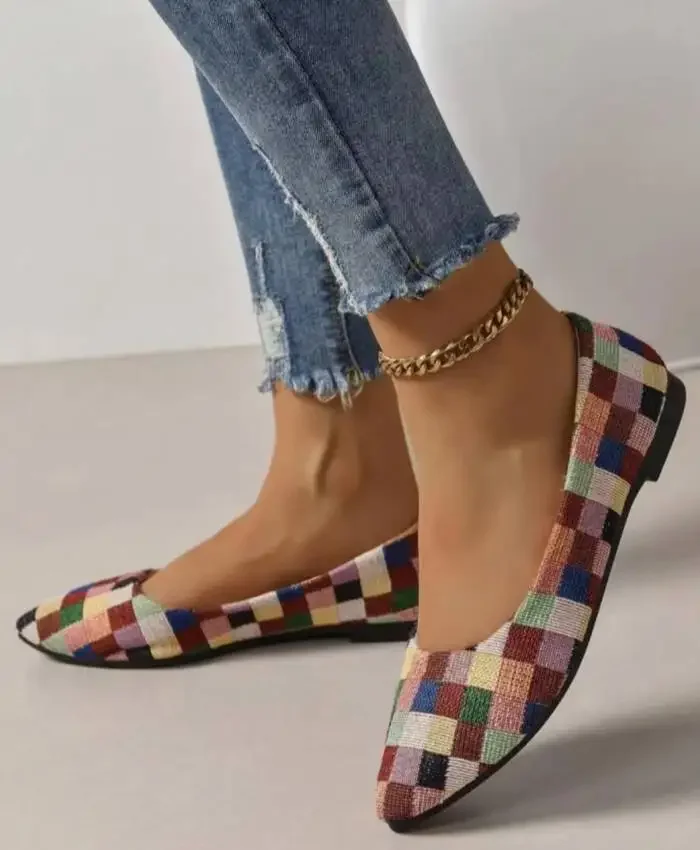 Women's Canvas Ballet Shoes Flat Breathable Colorblock Plaid Slip-on Loafers for 2024 Fashionable and Comfortable Footwear