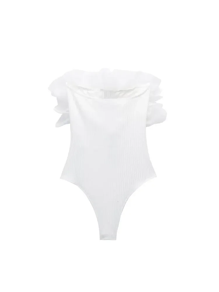 Willshela Women Fashion Ribbed Bodysuit With Organza Ruffle Vintage High Elastic Sexy y2k Female Chic Lady Tops body femme