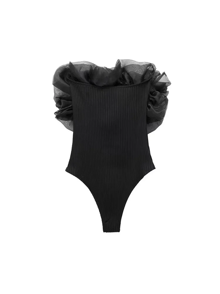 Willshela Women Fashion Ribbed Bodysuit With Organza Ruffle Vintage High Elastic Sexy y2k Female Chic Lady Tops body femme