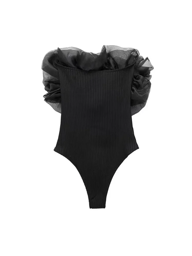 Willshela Women Fashion Ribbed Bodysuit With Organza Ruffle Vintage High Elastic Sexy y2k Female Chic Lady Tops body femme