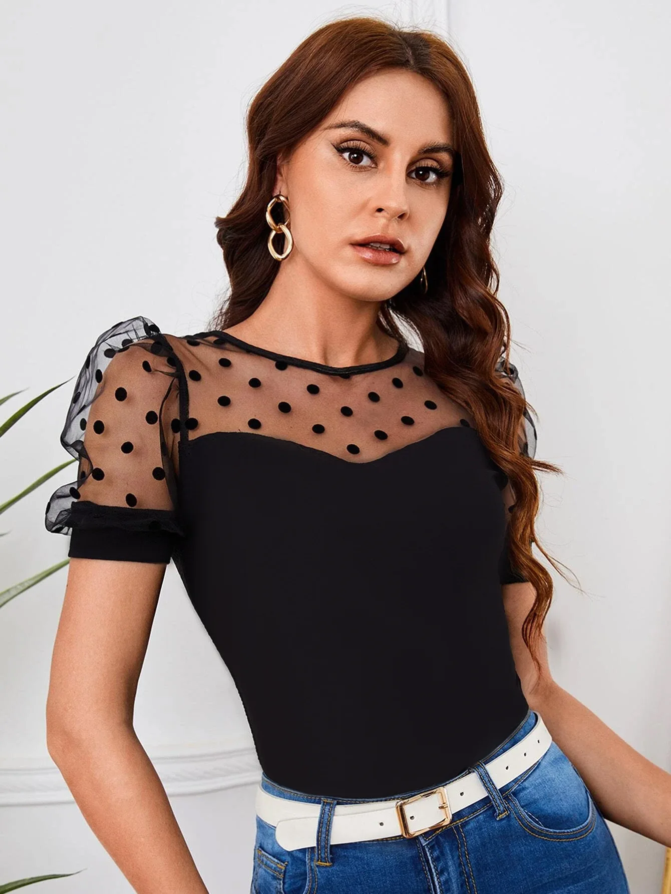 2024 spring and summer Europe and America new women's mesh polka dot stitching collage comfortable casual crew neck short-sleeve