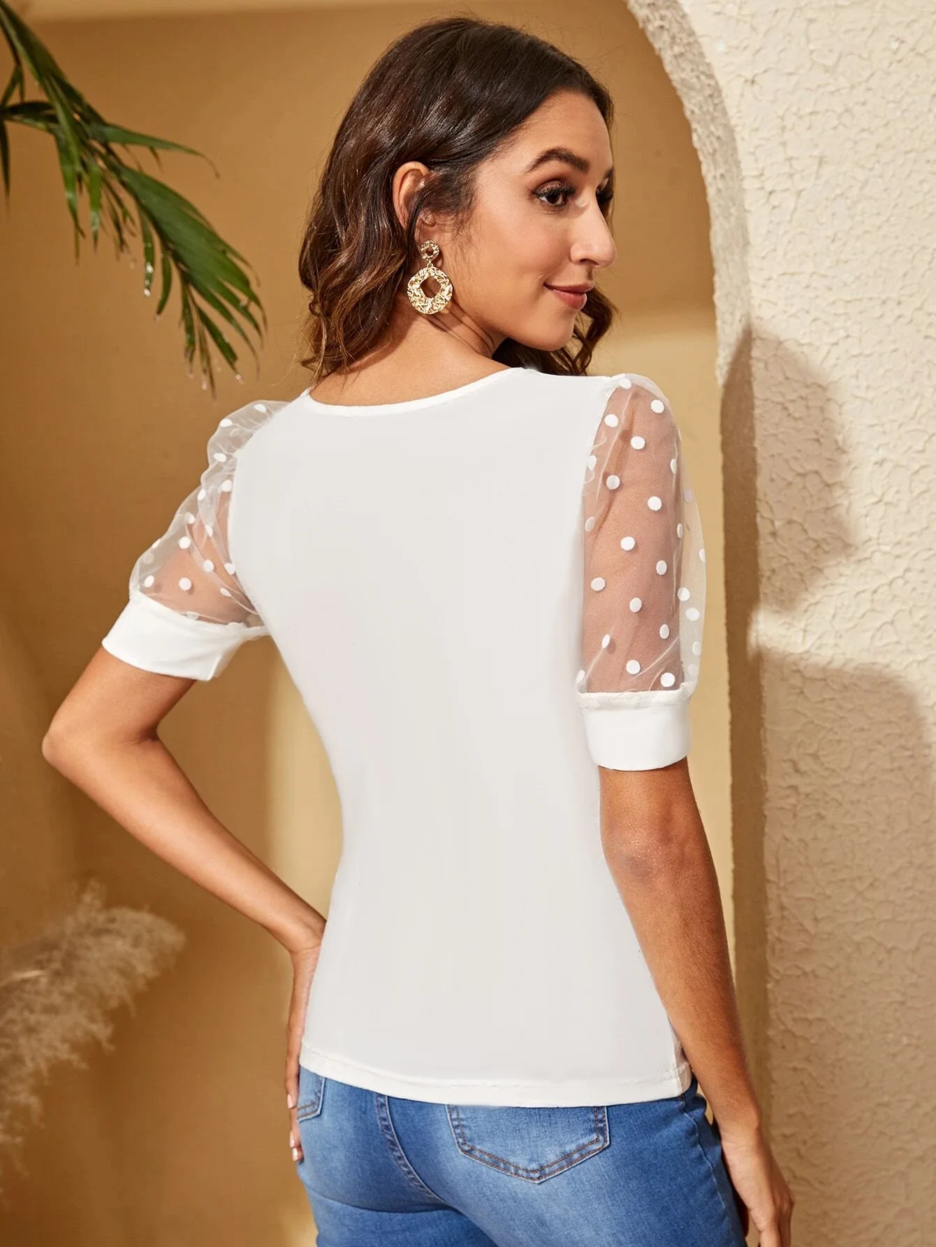 2024 spring and summer Europe and America new women's mesh polka dot stitching collage comfortable casual crew neck short-sleeve