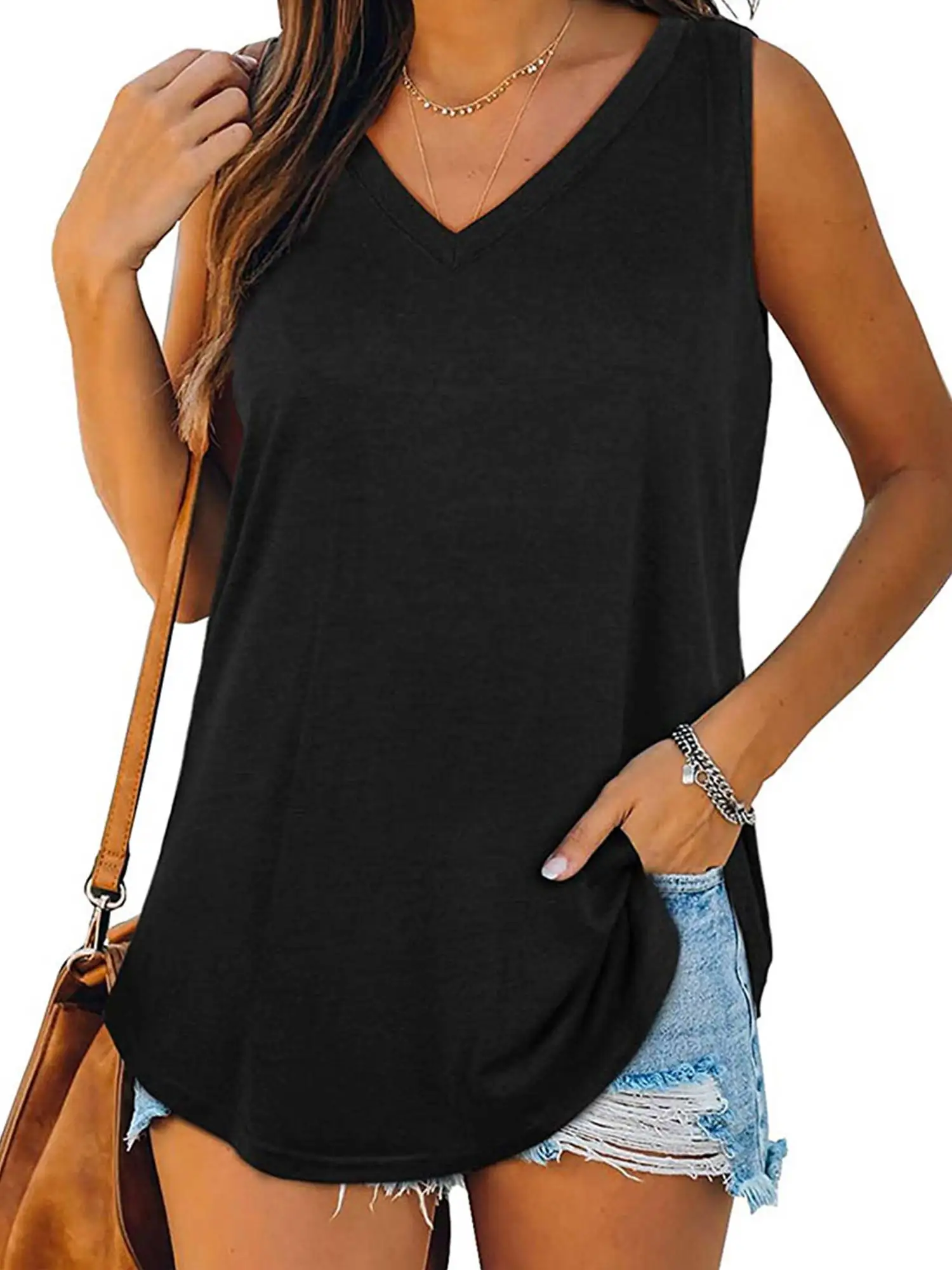 V-neck irregular hem solid color vest casual fashion sleeveless loose for vest women