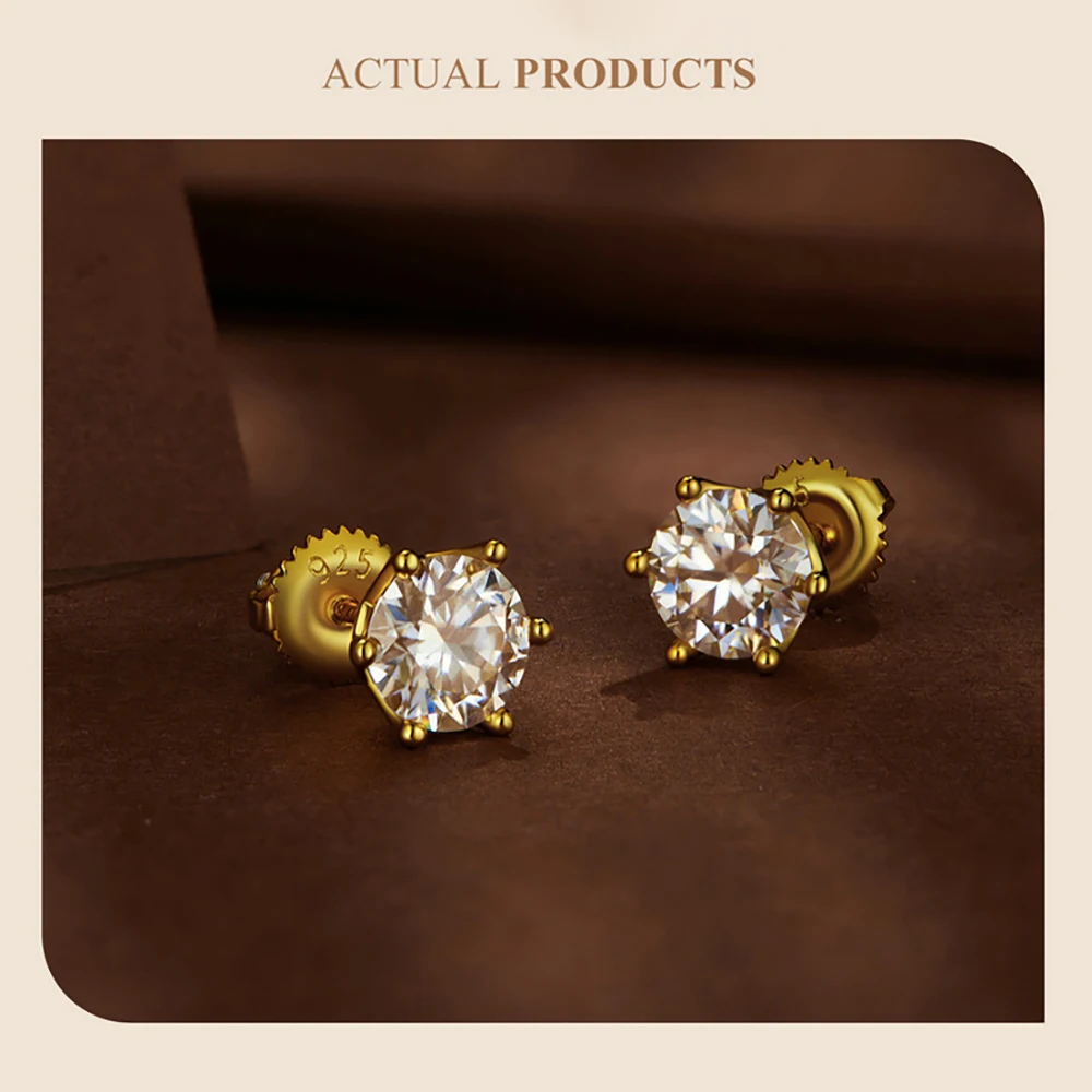 JoyceJelly 0.5-2CT Colorful Moissanite Screws Back Earrings for Women S925 Sterling Silver Jewelry Plated 18K 6 Prongs Ear-studs