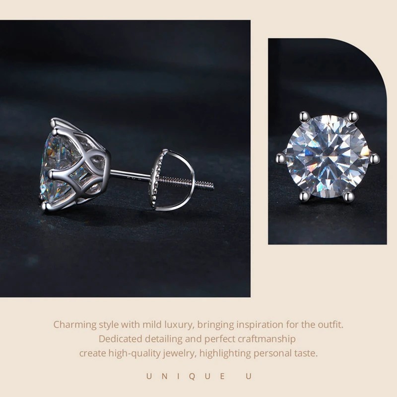 JoyceJelly 0.5-2CT Colorful Moissanite Screws Back Earrings for Women S925 Sterling Silver Jewelry Plated 18K 6 Prongs Ear-studs