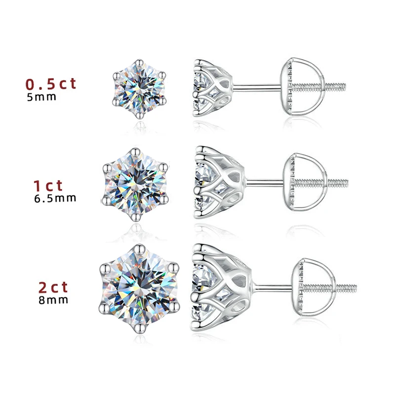 JoyceJelly 0.5-2CT Colorful Moissanite Screws Back Earrings for Women S925 Sterling Silver Jewelry Plated 18K 6 Prongs Ear-studs