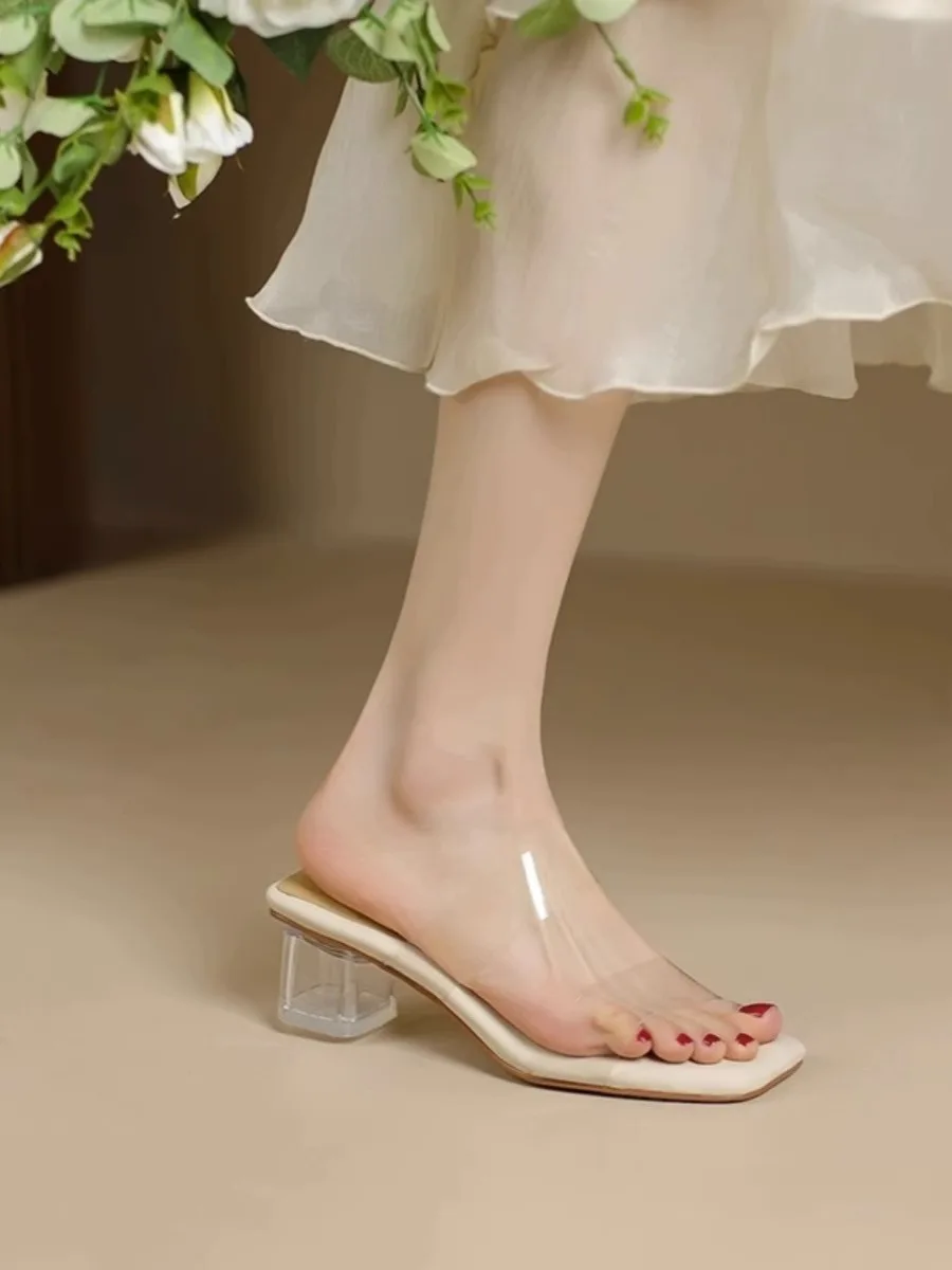 New Soft Padded Crystal Heeled Mules Woman Transparent Sandals Ladies Fashion Slip-on Square Toe Low Heel Clear Slipper Shoes