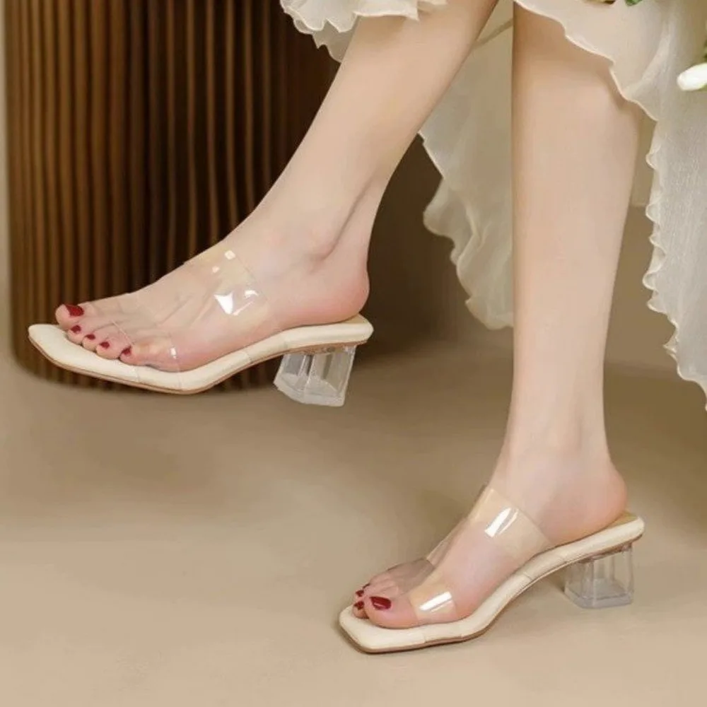 New Soft Padded Crystal Heeled Mules Woman Transparent Sandals Ladies Fashion Slip-on Square Toe Low Heel Clear Slipper Shoes