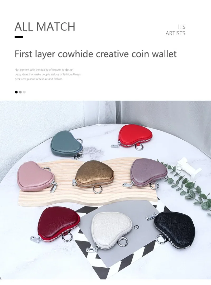 Coin Purse for Women Change Purses Small Cow Leather Cosmetic Bag Pocket Heart Makeup Organizer Jewelry Travel Case for Girls