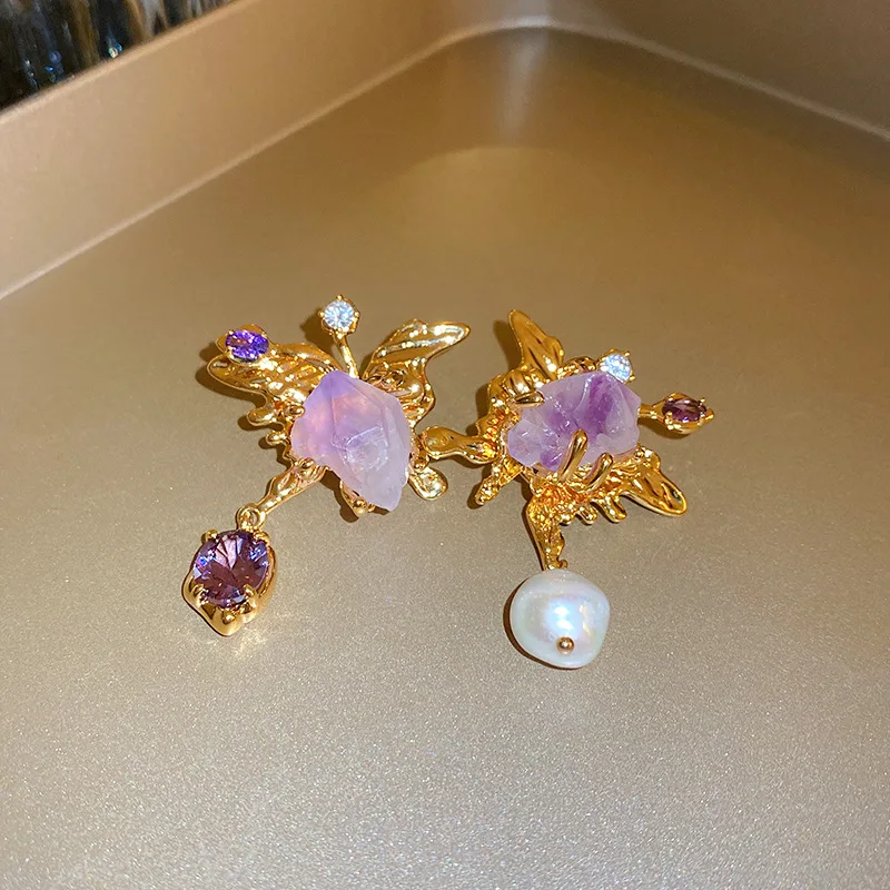 Asymmetrical Fresh Water Pearl Zircon Earring for Women Natural Stone Butterfly Drop Earrings Light Luxury Unique Jewelry