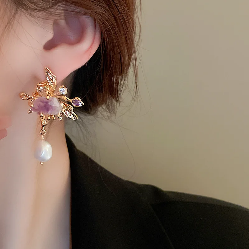 Asymmetrical Fresh Water Pearl Zircon Earring for Women Natural Stone Butterfly Drop Earrings Light Luxury Unique Jewelry