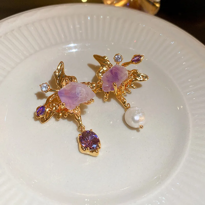 Asymmetrical Fresh Water Pearl Zircon Earring for Women Natural Stone Butterfly Drop Earrings Light Luxury Unique Jewelry