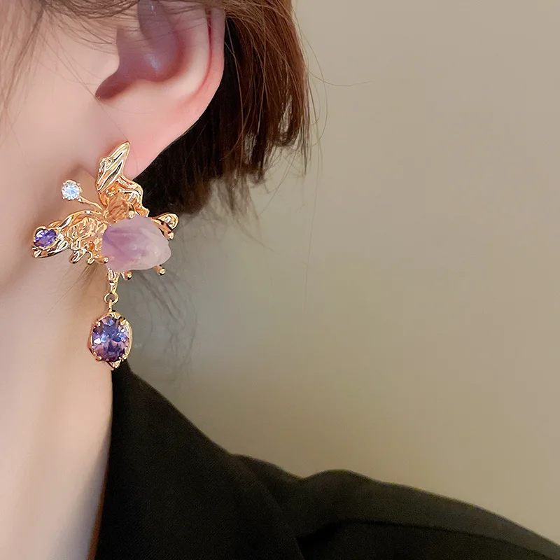 Asymmetrical Fresh Water Pearl Zircon Earring for Women Natural Stone Butterfly Drop Earrings Light Luxury Unique Jewelry