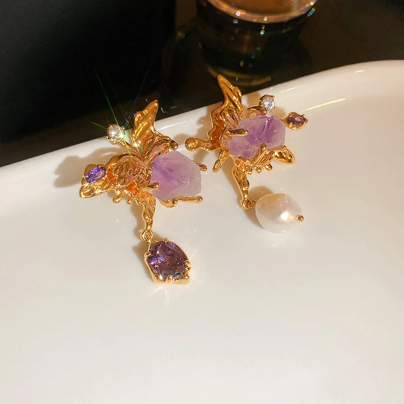 Asymmetrical Fresh Water Pearl Zircon Earring for Women Natural Stone Butterfly Drop Earrings Light Luxury Unique Jewelry