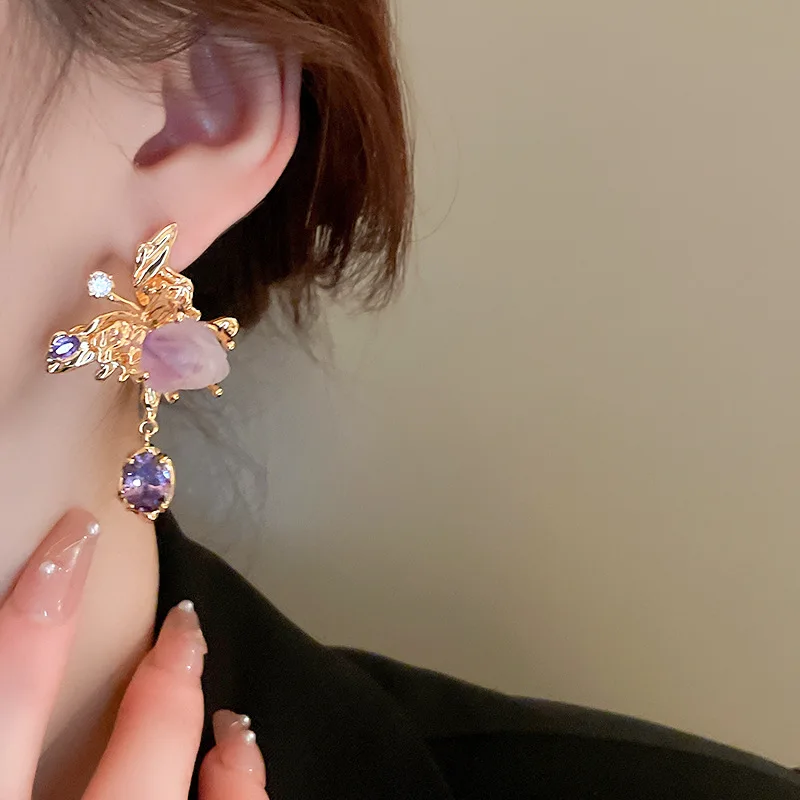 Asymmetrical Fresh Water Pearl Zircon Earring for Women Natural Stone Butterfly Drop Earrings Light Luxury Unique Jewelry