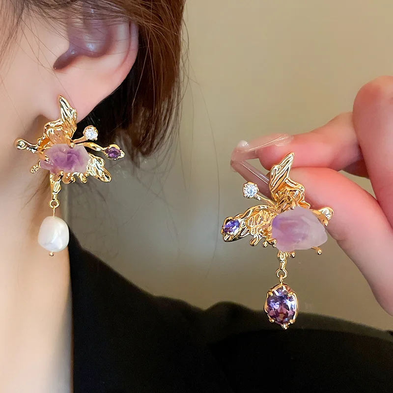 Asymmetrical Fresh Water Pearl Zircon Earring for Women Natural Stone Butterfly Drop Earrings Light Luxury Unique Jewelry