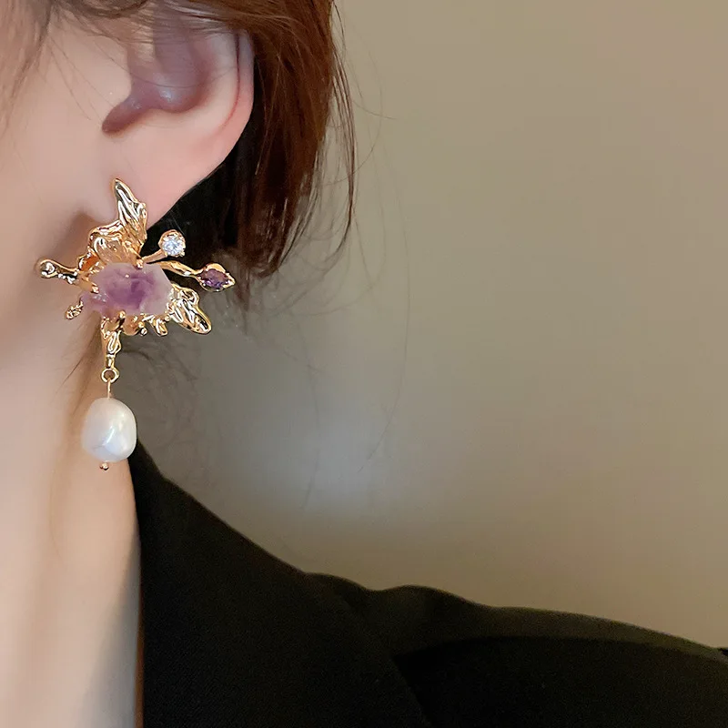 Asymmetrical Fresh Water Pearl Zircon Earring for Women Natural Stone Butterfly Drop Earrings Light Luxury Unique Jewelry