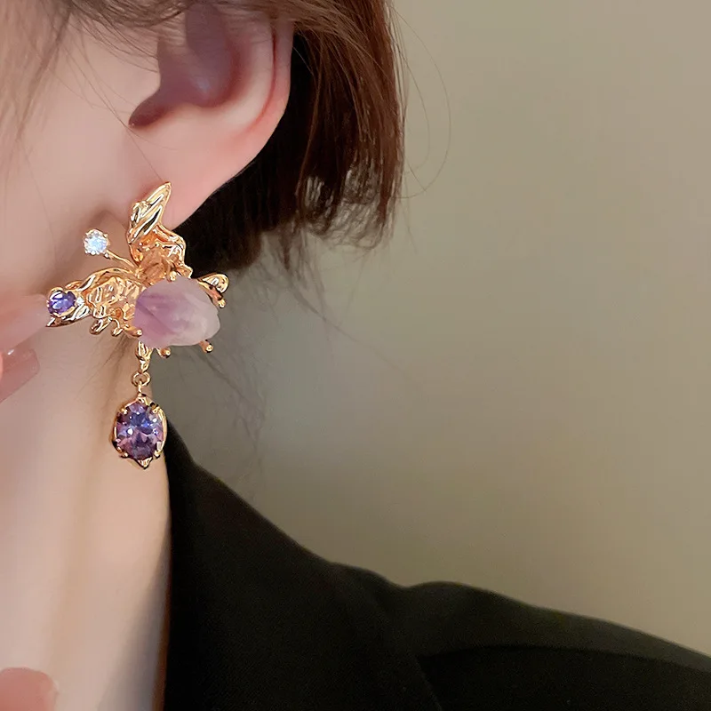 Asymmetrical Fresh Water Pearl Zircon Earring for Women Natural Stone Butterfly Drop Earrings Light Luxury Unique Jewelry