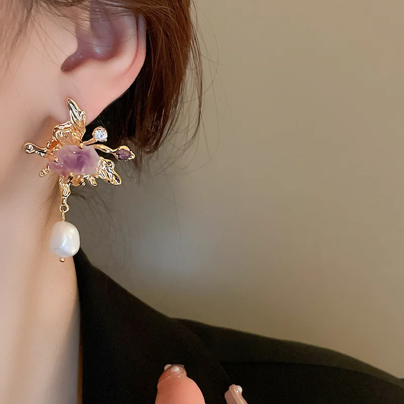 Asymmetrical Fresh Water Pearl Zircon Earring for Women Natural Stone Butterfly Drop Earrings Light Luxury Unique Jewelry