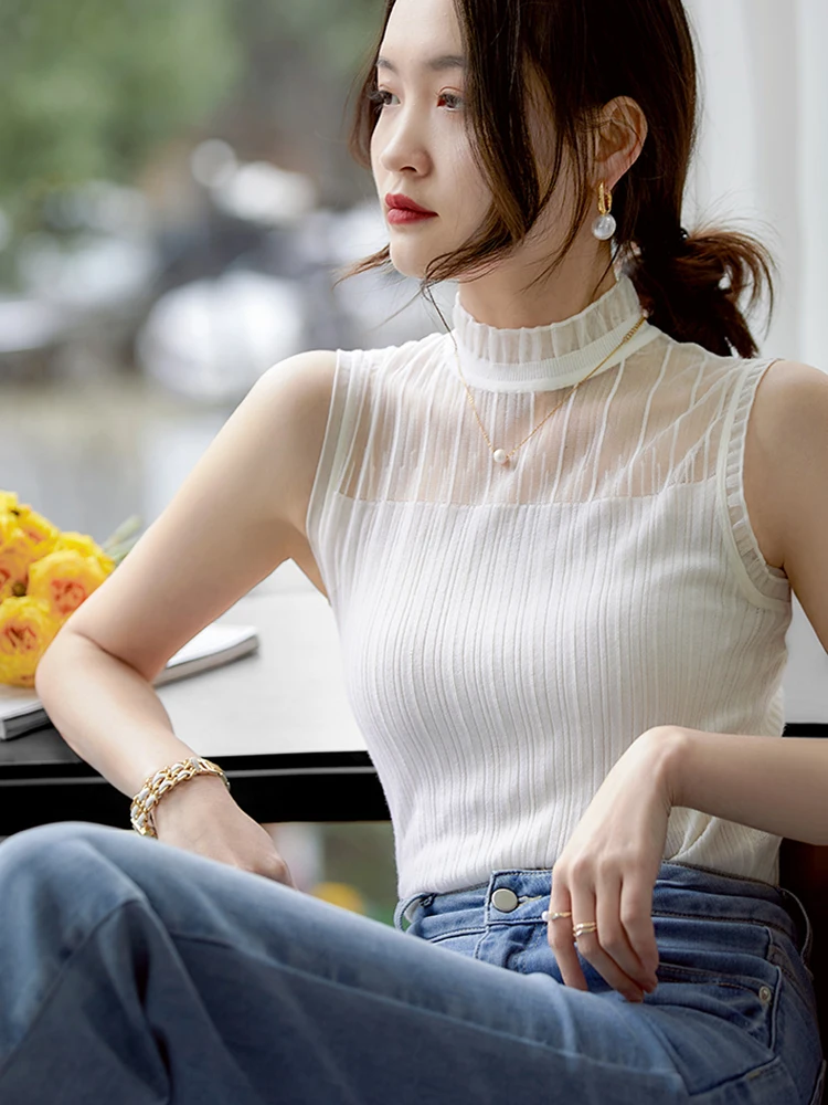 Sexy See-through Lace Tank Tops Women Summer Sleeveless Knitted Vest Casual Korean Half High Collar Camis Black White Top