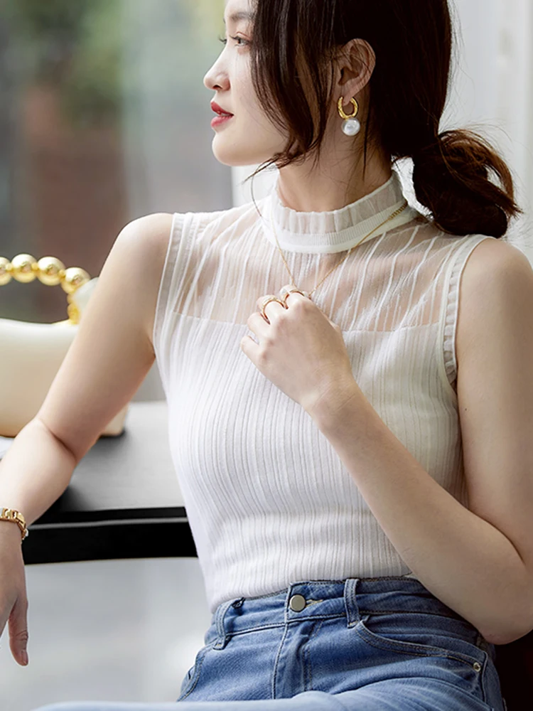Sexy See-through Lace Tank Tops Women Summer Sleeveless Knitted Vest Casual Korean Half High Collar Camis Black White Top