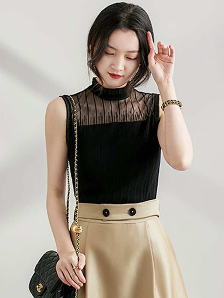 Sexy See-through Lace Tank Tops Women Summer Sleeveless Knitted Vest Casual Korean Half High Collar Camis Black White Top